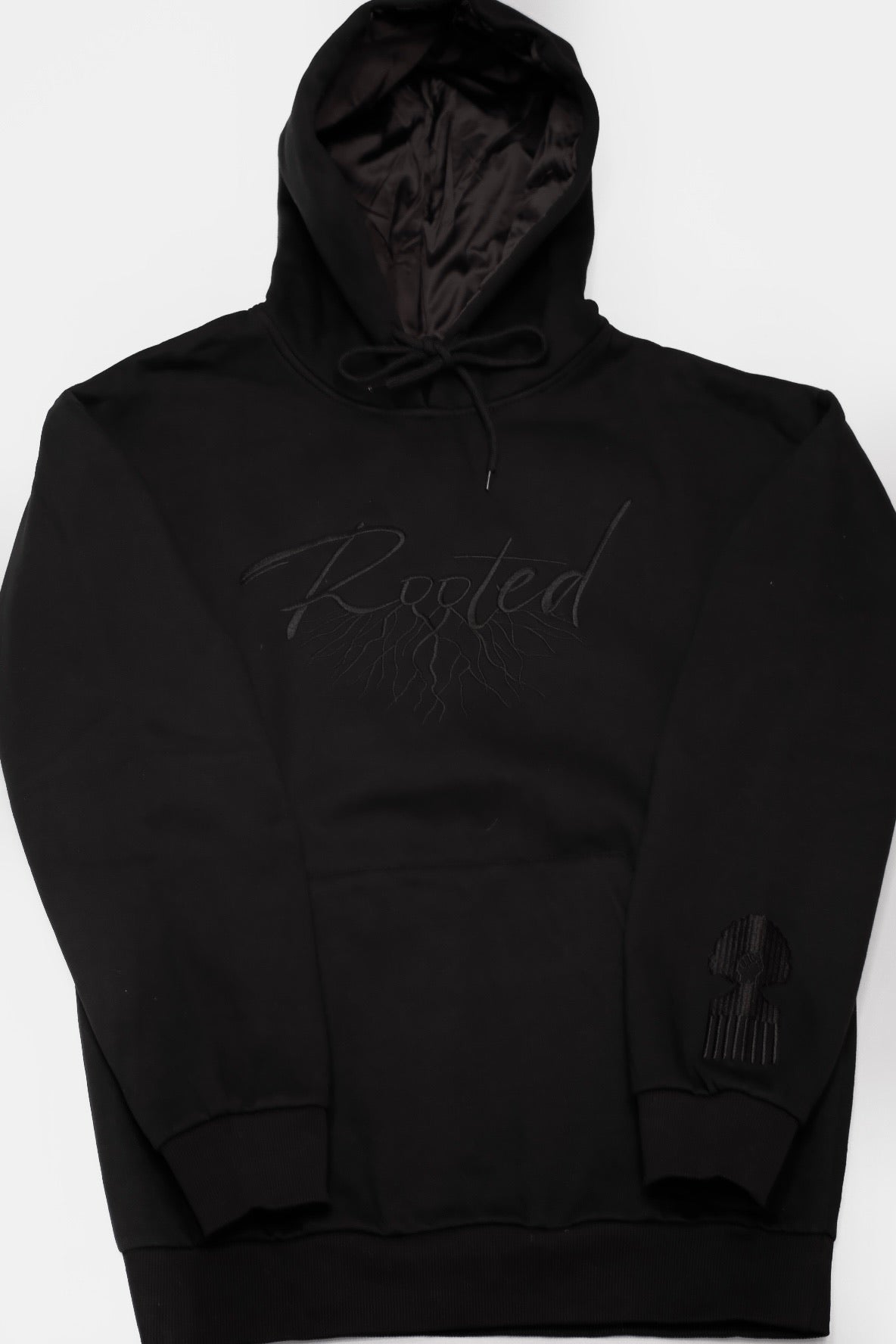 Black "ROOTED" Satin Line Hoodie