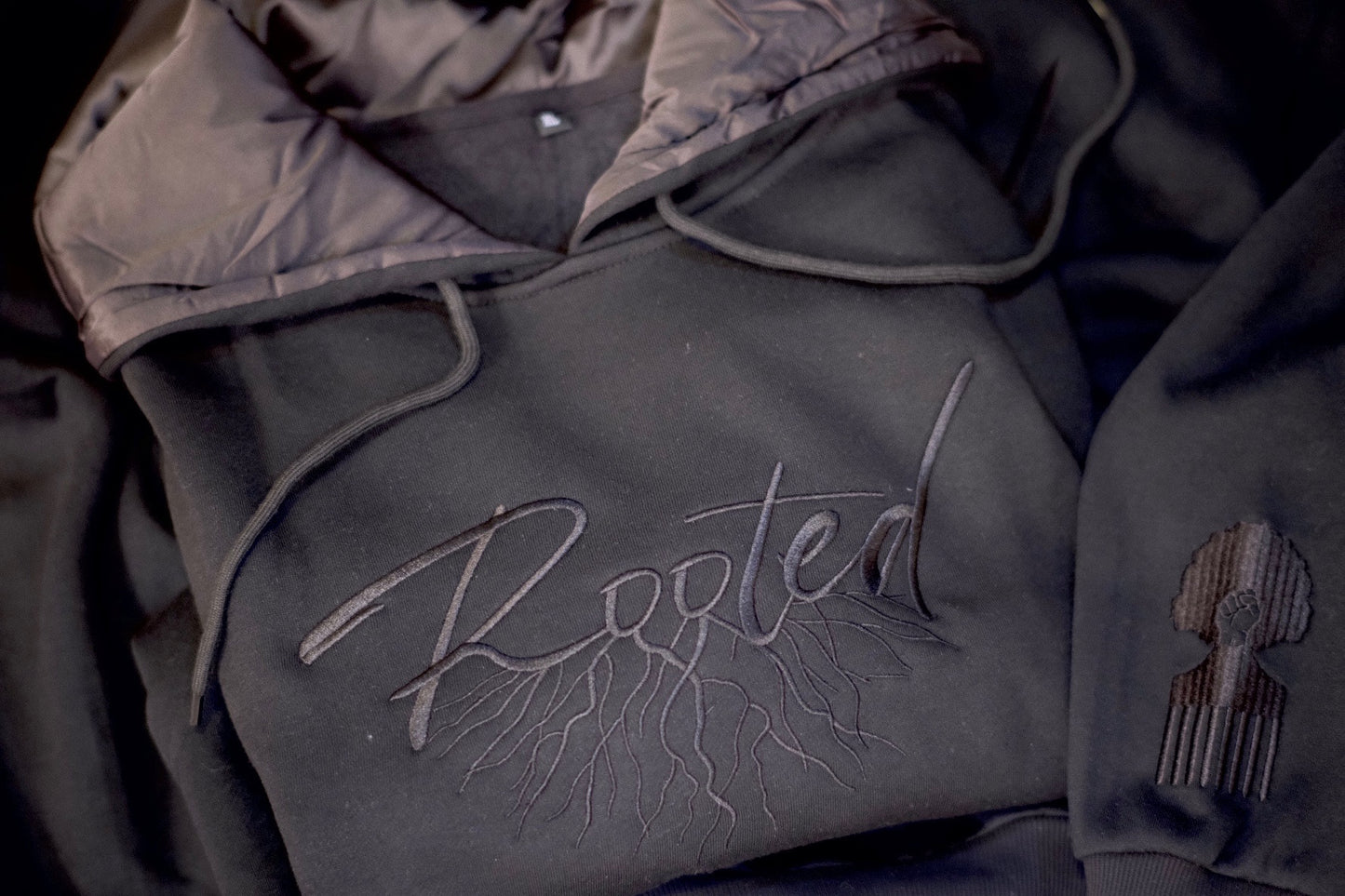 Black "ROOTED" Satin Line Hoodie